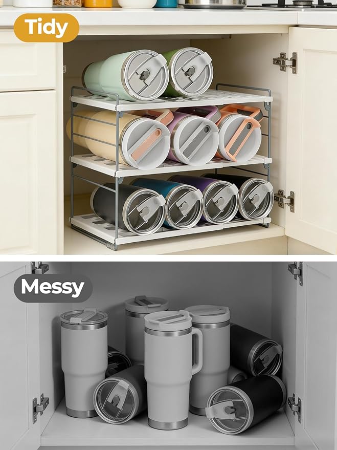 Cirhy 12" Tall 3-Tier Expandable Water Bottle Organizer – Fits 20-40 oz Stanley, Owala, Yeti Tumblers, Shaker Cups & Travel Mugs – Adjustable Storage Rack for Cabinet, Kitchen & Pantry Organization