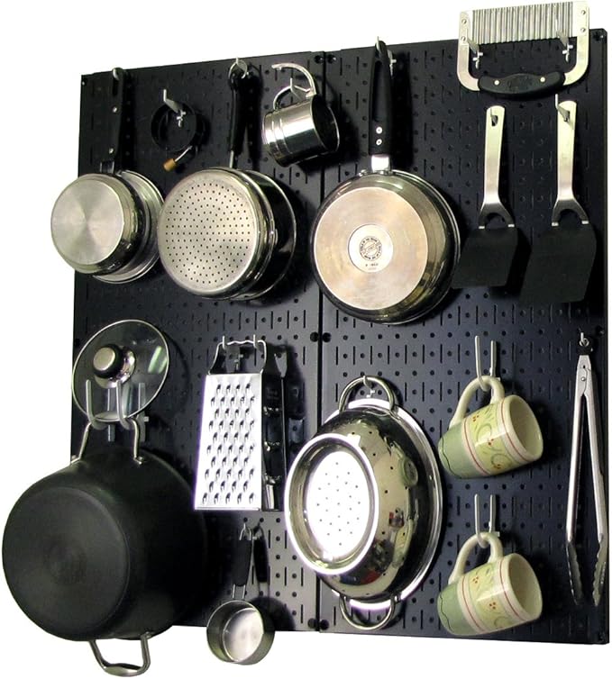 Wall Control Kitchen Pegboard Organizer Pots and Pans Storage Rack Organization Kit with Black Pegboard and White Accessories