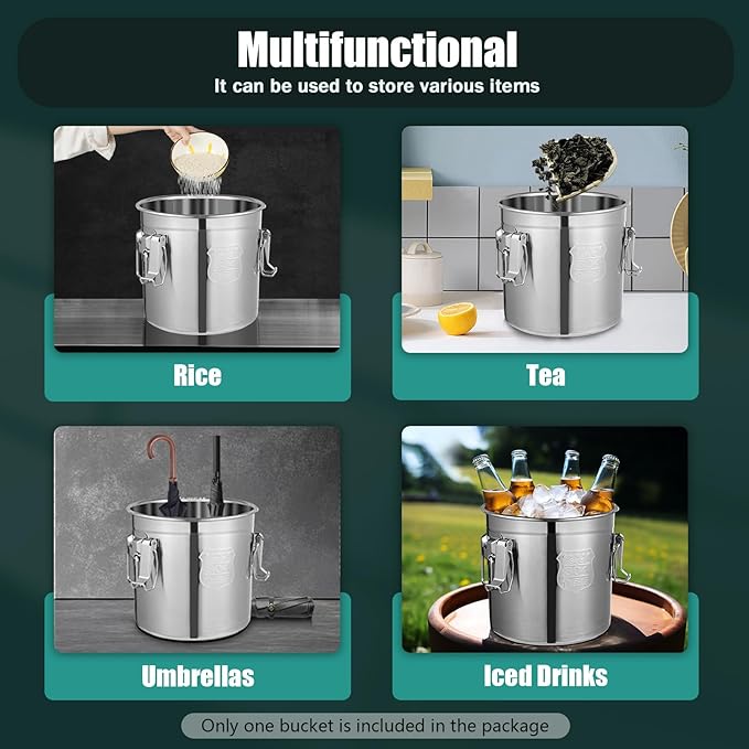 304 Stainless Steel Airtight Canister for Kitchen, 3.2Gal/405oz Flour Container with Lids and Sturdy Locking Clamp, Metal Bucket Food Storage Containers for Rice Flour Coffee Bean Tea