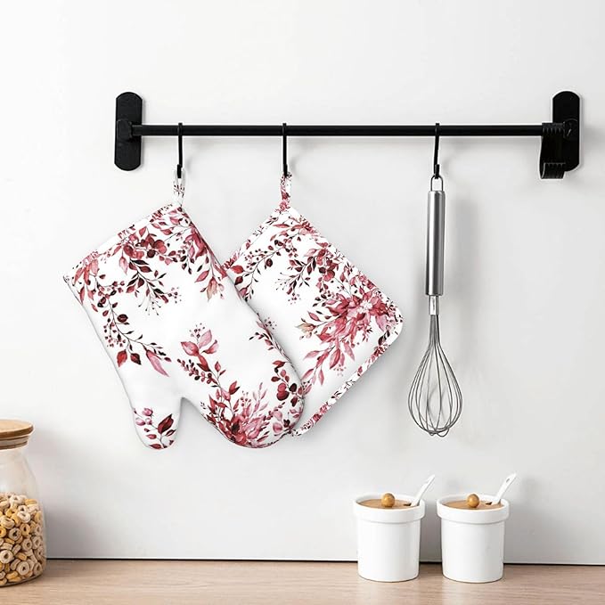 Burgundy Red Eucalyptus Oven Mitts and Pot Holders Set, 4pcs Silicone Watercolor Plant Leaves with Floral Oven Glove for Kitchen Heat Resistant Oven Mitts and Potholders Non-Slip for Cooking