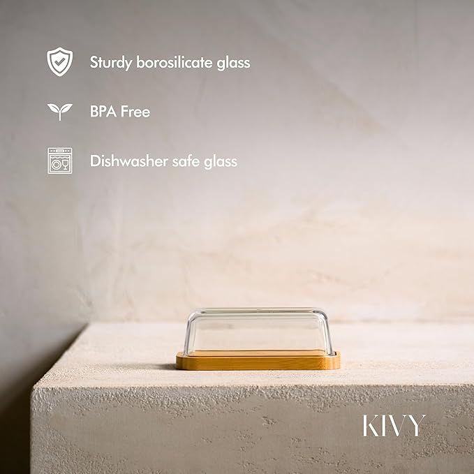 KIVY Butter Dish (White Marble & Glass) - For countertop and refrigerator door shelf - Marble butter keeper - Stone butter dish with lid - Dishwasher Safe
