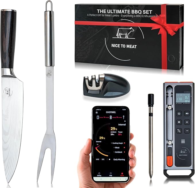 Wireless Meat Thermometer Digital BBQ Set, 5.3 Bluetooth and WiFi connectivity 800ft APP Control (iOS&Android) with Chef Knife, Fork, Meats Temperature Probe, Grilling, BBQ Gift for Men