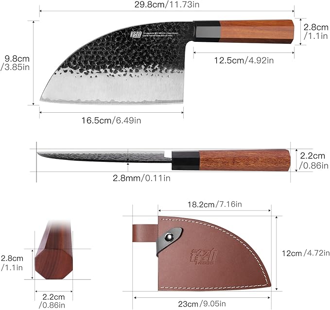 FINDKING Serbian Chef Knife with Leather Sheath, 6.5 Inch High Carbon Steel Cleaver Knife, Hammered Blade, Octagonal Handle, for Meat, Vegetables, Poultry and Light Bones, Dynasty Series
