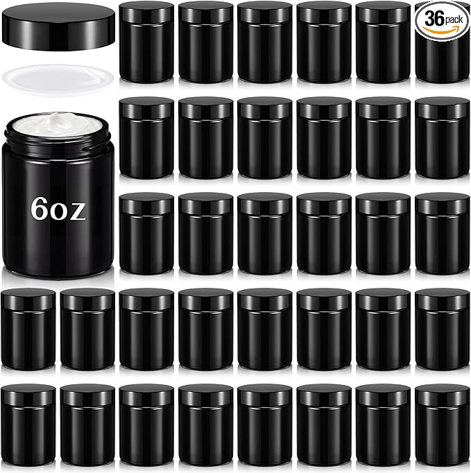Domensi 36 Pcs Bulk 6oz Glass Jars with Lids Leakproof Round Airtight Empty Cosmetic Jars with Inner Liners Lid for Storing Lotions Spices Ointments Food Storage (Black)