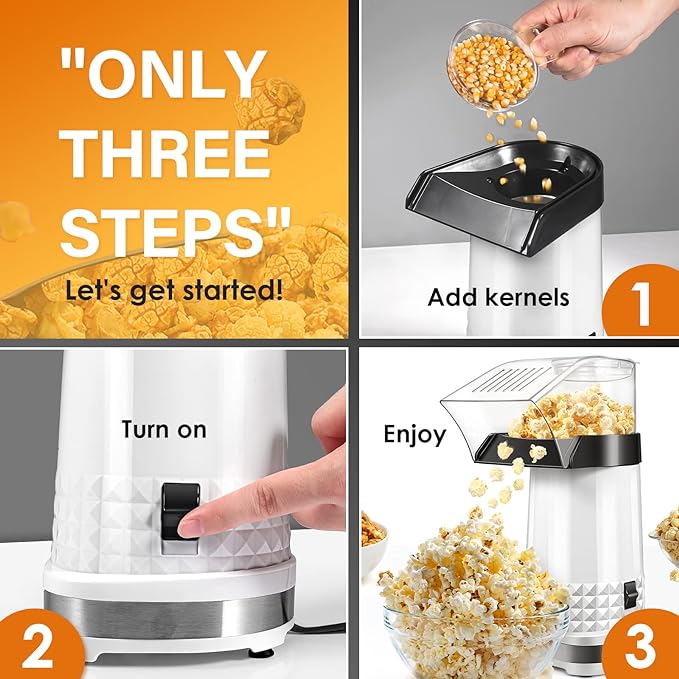 4.5 Quarts No Oil Electric Popcorn Machine with Measuring Cup + Melts Butter, Quick & Easy Hot Air Popcorn Popper Maker with On/Off Switch, Etl Certified, Air Popper for Movie Nights Parties(White)