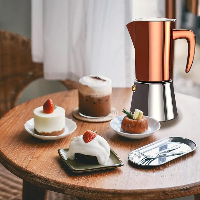 Stainless Steel Moka Pot Espresso Maker 6 Cups (10oz/300ml) - Italian Stovetop Coffee Maker for Gas & Induction Cooktops, Camping & Home Use, Durable Coffee Pot, Brown