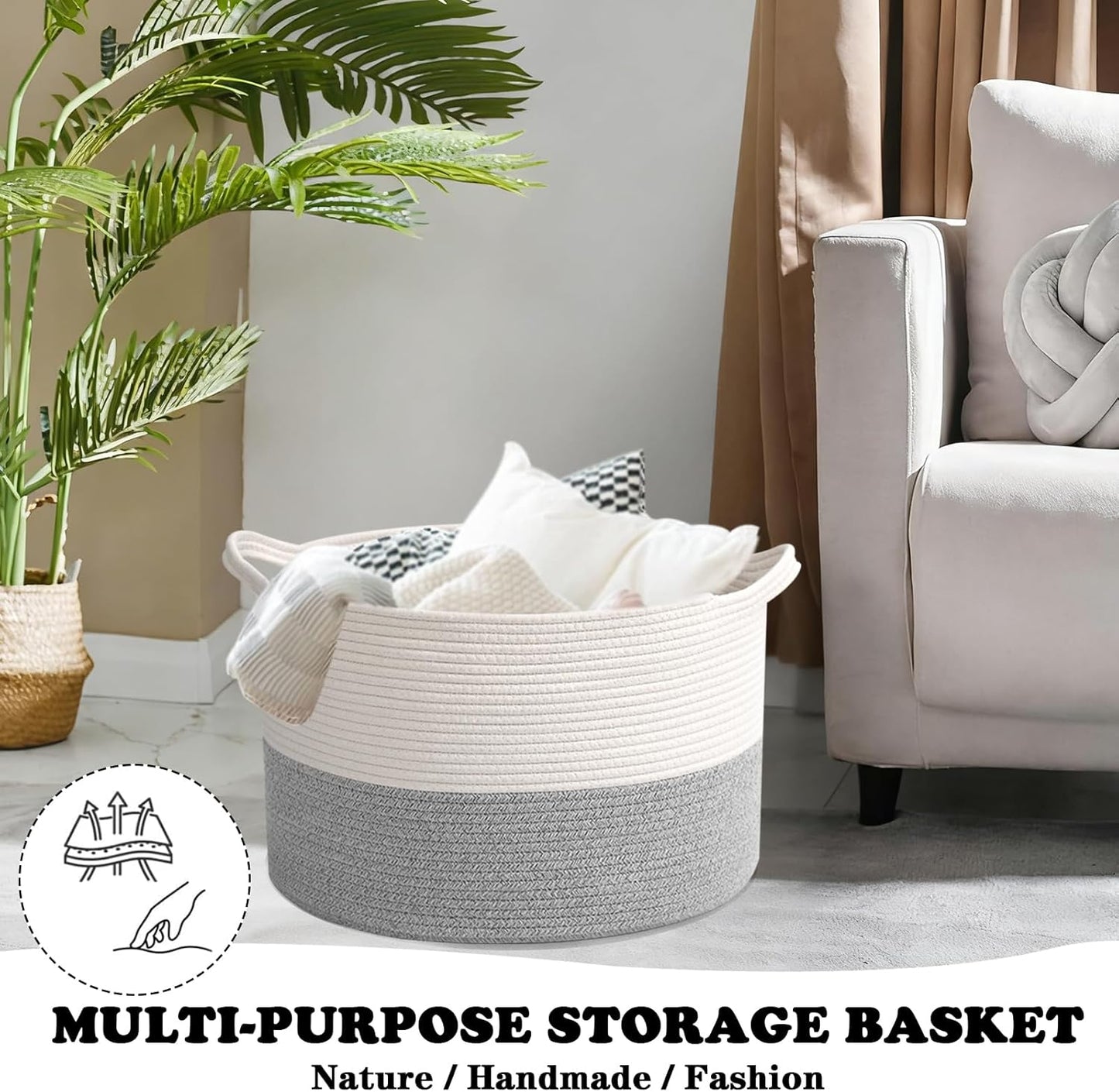 Large Blanket Basket for Organizing,65L Closet Organizers and Storage Bins Box for Shelves Woven Rope Storage Baskets,Living Room,Bedroom,Dorm,Laundry room (White&Grey)