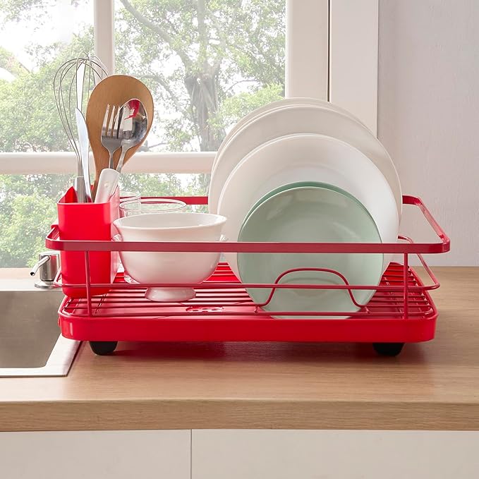 Dish Drying Rack 3 Piece Dish Drainer with Drainboard Set for Kitchen Counter ✅– Dish Rack with Removable Utensil Holder & Swivel Spout for Countertop ✅– DishRack for Plates, Cups & Organization, Red