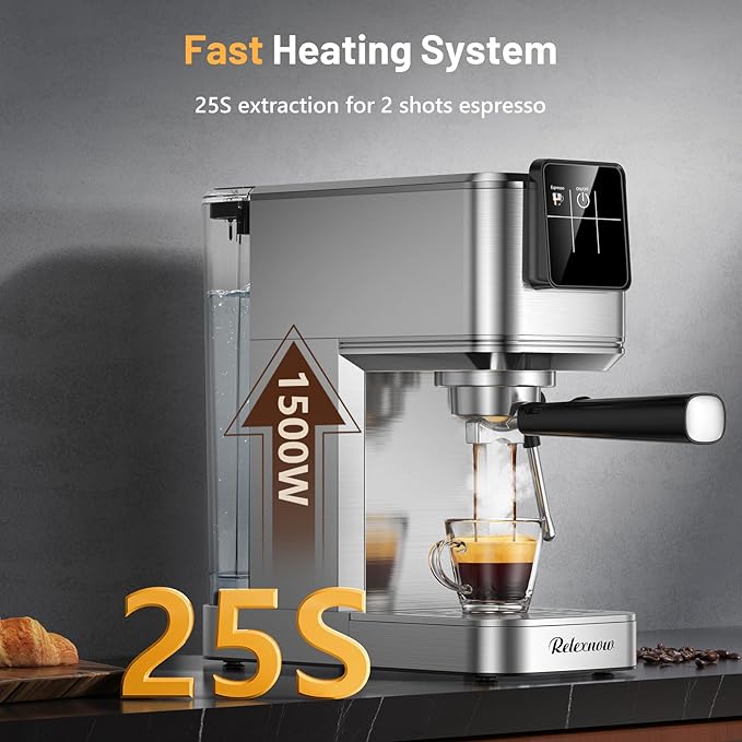 RELEXNOW Espresso Machine, 20 Bar Professional Espresso Coffee Maker with Milk Frother Steam Wand, Hot & Iced Coffee Machine, Compact Stainless Steel Coffee Machine for Cappuccino,Latte,Cold Brew