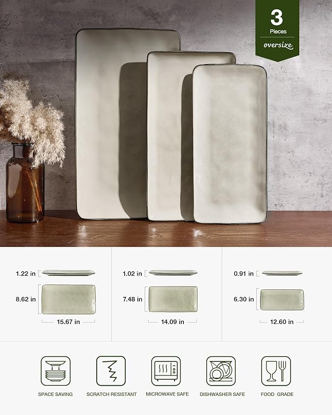 famiware Serving Platter, Rectangular 15.67/14.1/12.6inch Serving Dishes for Entertaining, Dishwasher Safe, Stoneware Serving Trays for Party, Food, Turkey, Snack, Cheese, Reactive Glaze, Light Khaki