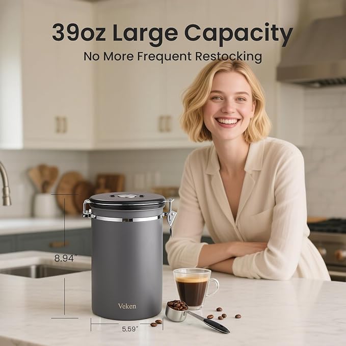 Veken Coffee Canister, 39OZ Large, Airtight Stainless Steel Food Storage Container for 2.2lbs Coffee Beans,Ground, Sugar,Espresso,Rice,Tea,Flour, Cereal,Home Kitchen Pantry Bar Accessories, Gifts,Gray