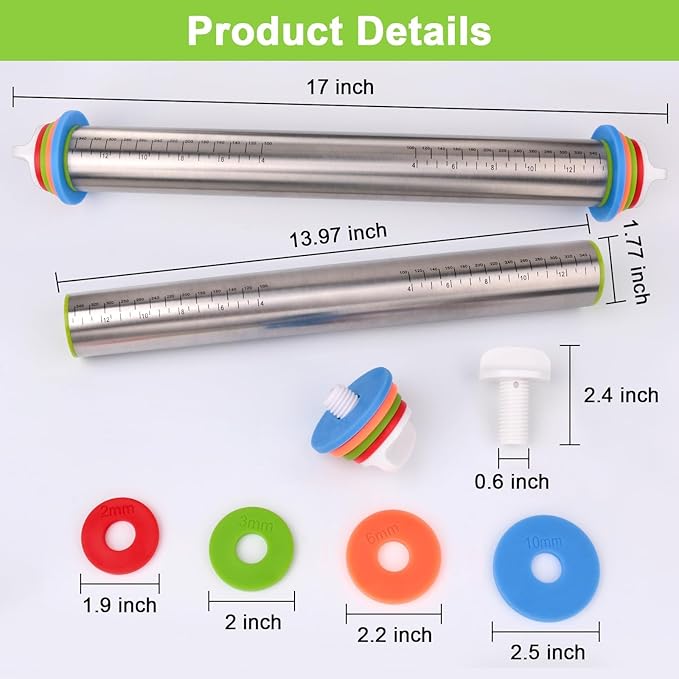 Rolling Pin with Thickness Rings and Red Silicone Baking Mat, Adjustable Stainless Steel Rolling Pins for Pasta or Sugar Decorating Cookies, Bread Making Tools Fondant Roller for Dough, Dumpling
