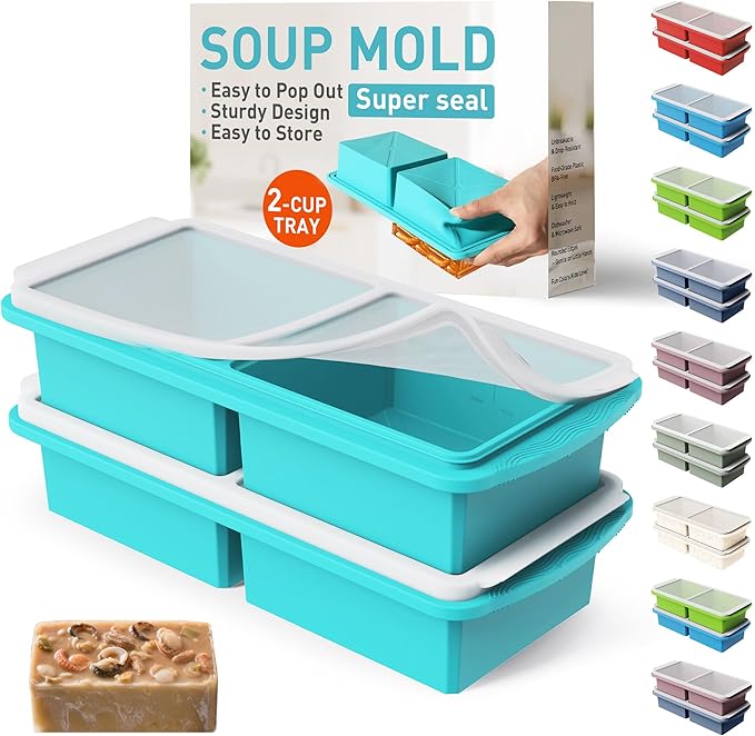 Silicone Freezer Tray with Lid Soup Freezer Container Molds with Steel Reinforced Rim Ice Cube Freezer Molds for Soup, Sauce, Leftovers, Homemade Meal Prep Containers Portion Control Food Storage