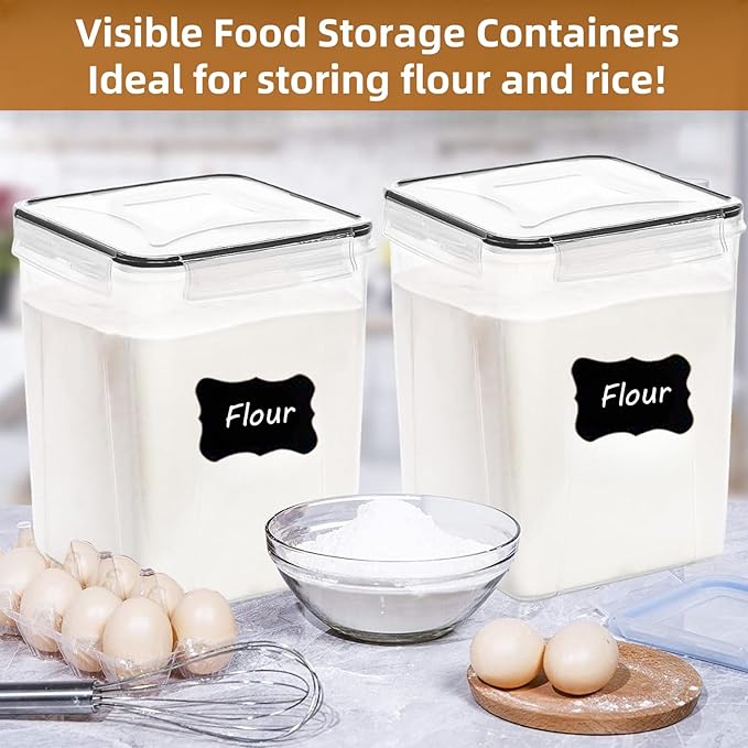 5.2L (175oz) 4-Pack Airtight Food Storage Containers with Organization Kit - BPA-Free Plastic Canisters for Flour, Sugar, Rice & Baking Supplies, Includes Lids, Measuring Cups & Labels, Black