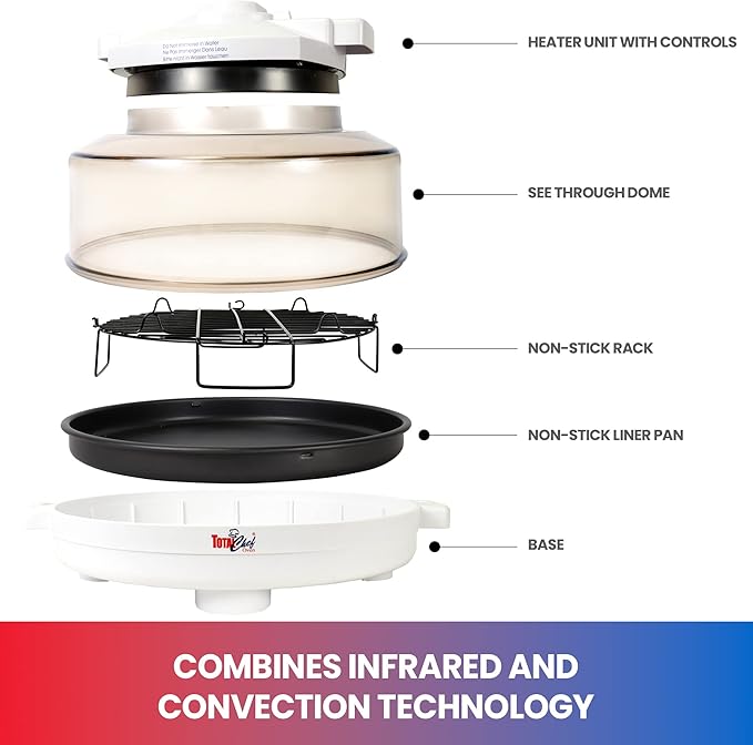 Total Chef Countertop Infrared Oven with Convection Air Circulation Time and Temperature Control 1300W Roast Steam Bake Broil Air Fry and More For Cottage Dorm Room RV Apartment Home White