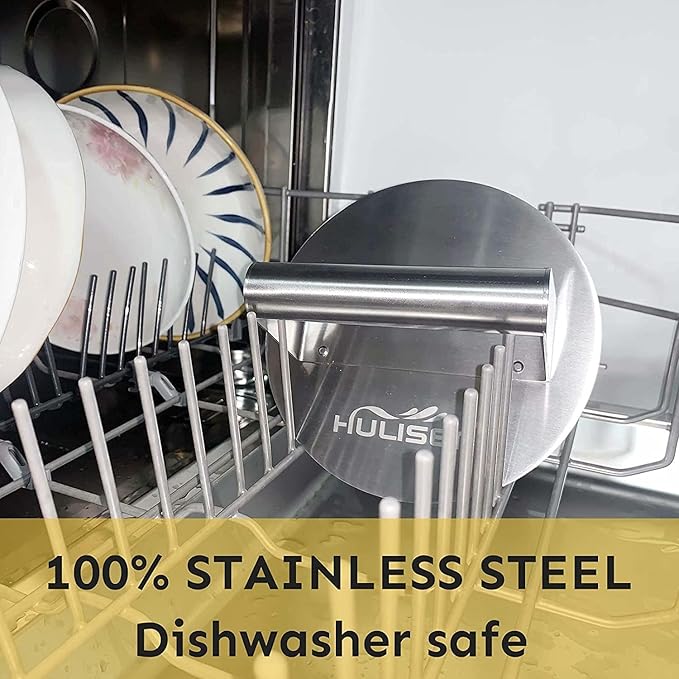 HULISEN Stainless Steel Burger Press, 6.2 inch Round Burger Smasher, Professional Griddle Accessories Kit, Grill Press Perfect for Flat Top Griddle Grill Cooking (Pack of 2)