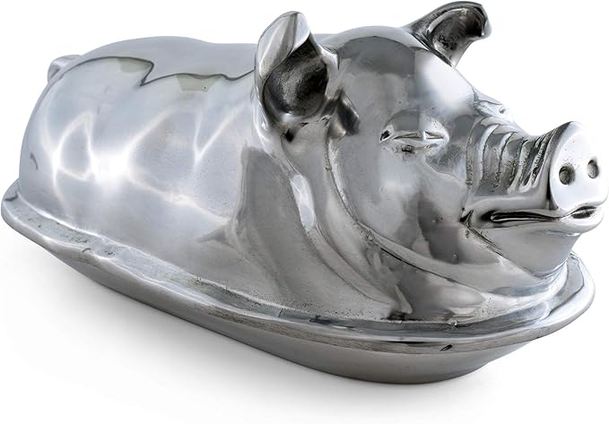 Arthur Court Happy Pig Covered Butter Cream Cheese Dish Container Keeper Hand Polished Tarnish Free Artisan Quality Farmhouse Table 7.5 inch Long