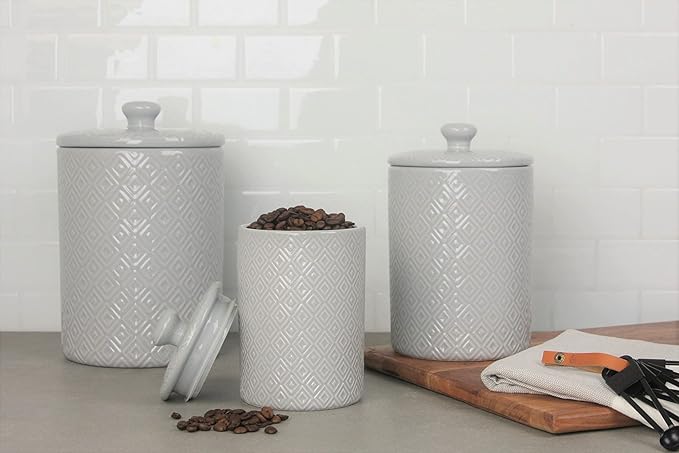 10 Strawberry Street Embossed Diamond Ceramic Kitchen Canister Set, Set of 3, Gray