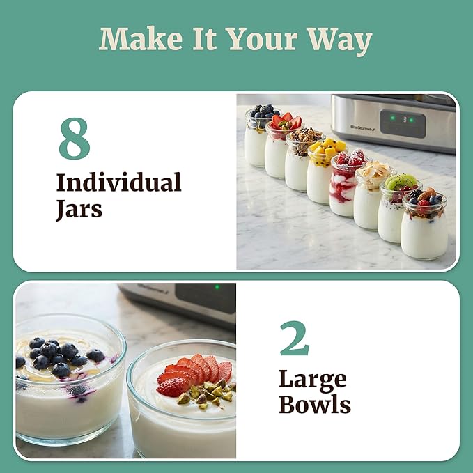 Elite Gourmet ProBioticPRO™ Digital Yogurt Maker, Programmable Temp & Time Control (68–127°F), Includes 8 Glass Jars (6 oz) + 2 Large 1-Qt Bowls, Stainless Steel, Auto Shut-Off