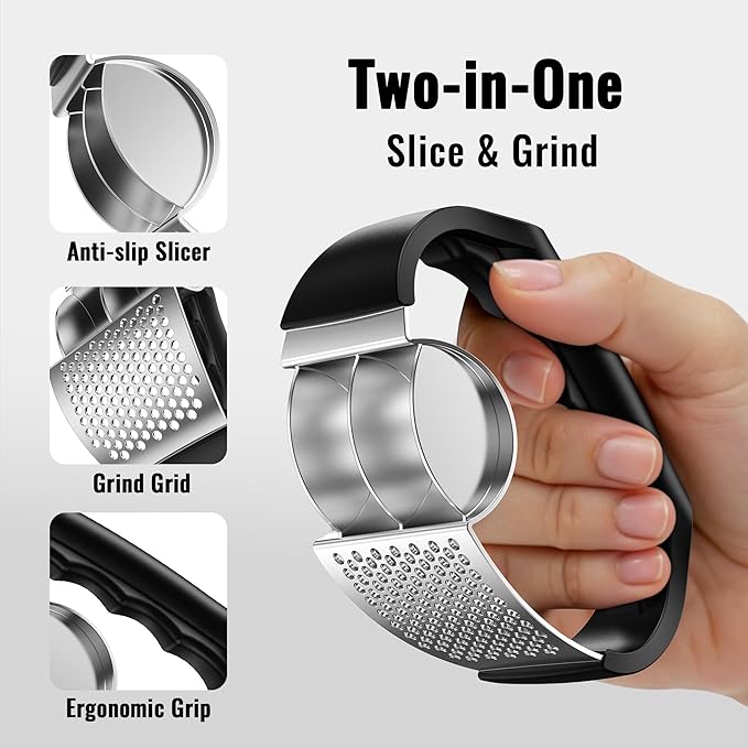 Garlic Press Rocker - Stainless Steel Garlic Crusher, 2-in-1 Easy Kitchen Gadget for Effortless Smashing