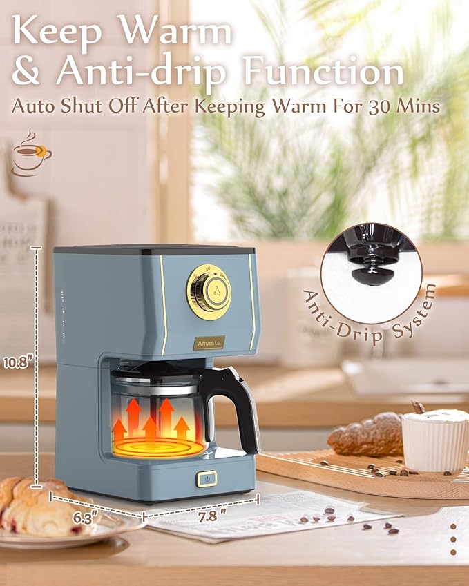 Amaste Coffee Maker, 5 Cup Coffee Pot with Three Brewing Modes, Retro Coffee Maker with Glass Carafe & Reusable Coffee Filter, Drip Coffee Maker Ideal for Home or Office, Warming Plate, Ash Blue