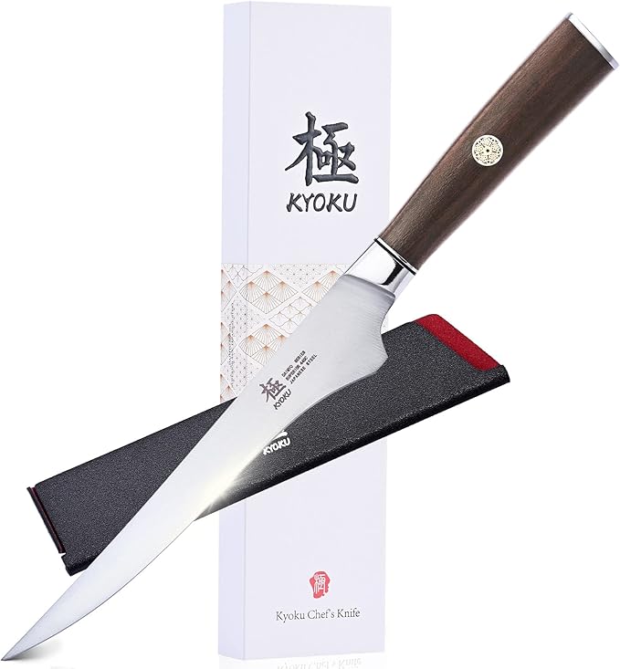 KYOKU 6.5 Inch Boning Knife - Daimyo Series - Butcher Knife with Ergonomic Rosewood Handle, and Mosaic Pin - Japanese Style 440C Stainless Steel Kitchen Knife with Sheath & Case
