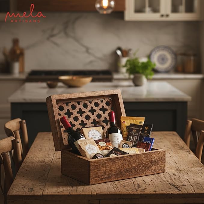 Mela Artisans 9” x 6” x 3.5” Mango Wood Box with Lid – Trellis Medium Burnt – Handcrafted Keepsake Box – Large Storage for Jewelry & Home Décor Accents