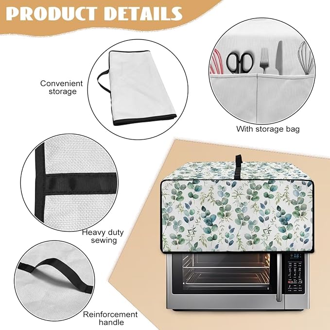 Countertop Convection Oven Cover Decorative and Protective Air Fryer Toaster Oven Dust Cover for Home Kitchen Indoor Decor, S, Eucalyptus Leaf Green White