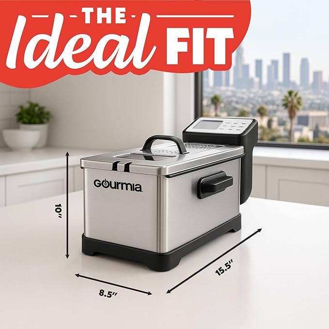 Gourmia 3.2 Qt Countertop Deep Fryer – Electric Oil Fryer with Digital Display, Adjustable 280°F–380°F Temperature Control, Viewing Window, Odor Filter Lid & Magnetic Safety Cord