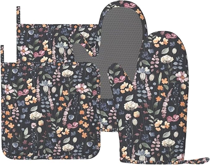 Watercolor Wild Flowers Oven Mitts and Pot Holders Sets Silicone Wildflower Kitchen Oven Mitts Hot Pads Heat Resistant Vintage Floral Potholders Kitchen Mitts Set for Baking BBQ Cooking