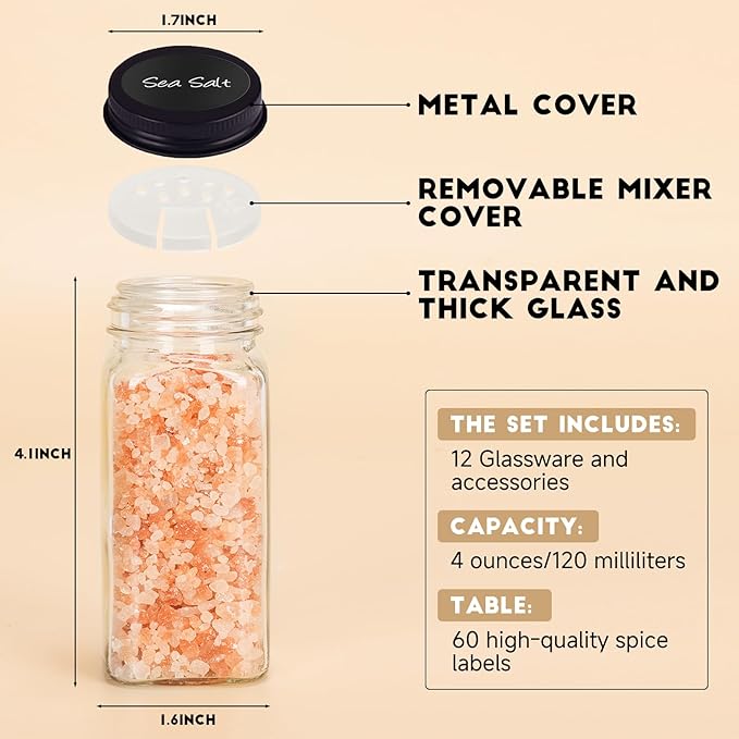12Pcs Spice Jars with Label, 4oz Empty Square Seasoning Containers, Spice Jars with Shaker Lids, Small Spice Bottles for Salt, Herbs, Sugar, Pepper, Seasoning Jars for Spice Rack, Cabinet, or Drawer