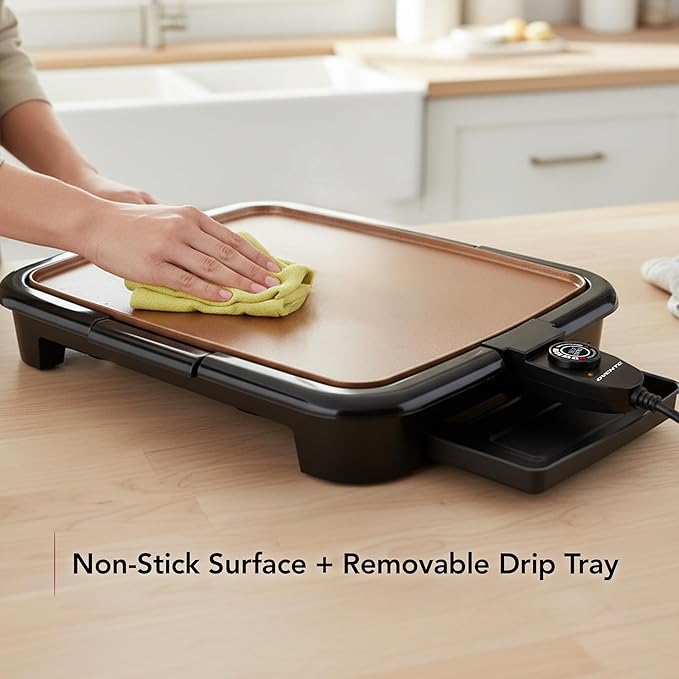 OVENTE Electric Griddle with 16 x 10 Inch Flat Non-Stick Cooking Surface, Removable and Adjustable Temperature Control, Indoor Grill for Instant Breakfast, Pancakes, Eggs or Burgers, Copper GD1610CO