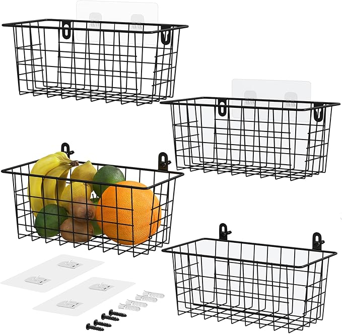 MaraFansie Hanging Kitchen Baskets Wire Storage Basket Adhesive and Screws Basket Over the Cabinet Door Organizer with Adhesive Strips and Screws Accessories, 2 Installations, 4 Pack, Black