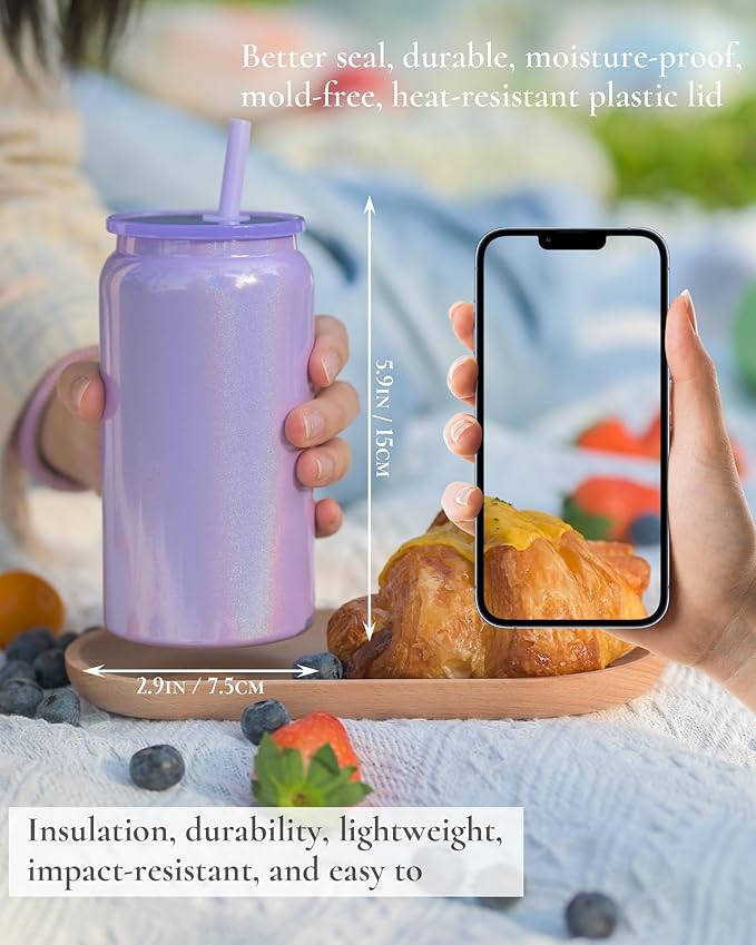 Glass Cups with Lids and Straws, 16oz Stainless Steels Cups, Beer Cups, Iced Coffee Cup, Smoothie Cup, Sublimation Tumbler, Purple (Shiny Polished Finish, Sublimatable)