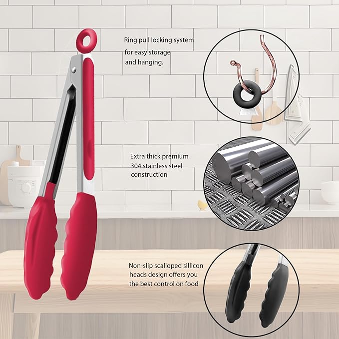 Kitchen Tongs with Silicone Tips,Tongs for Cooking Heat Resistant 600 Degrees Stainless Steel Locking Tongs,Red Set of 3-7", 9" and 12"