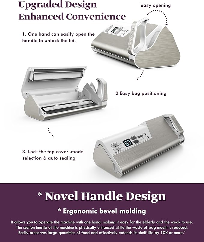 Mesliese Vacuum Sealer Machine, 95kPa 140W Double Seal Powerful Food Sealer, One Hand Operation Food Storage with Build-in Cutter & Roll Storage, ETL Tested (White)