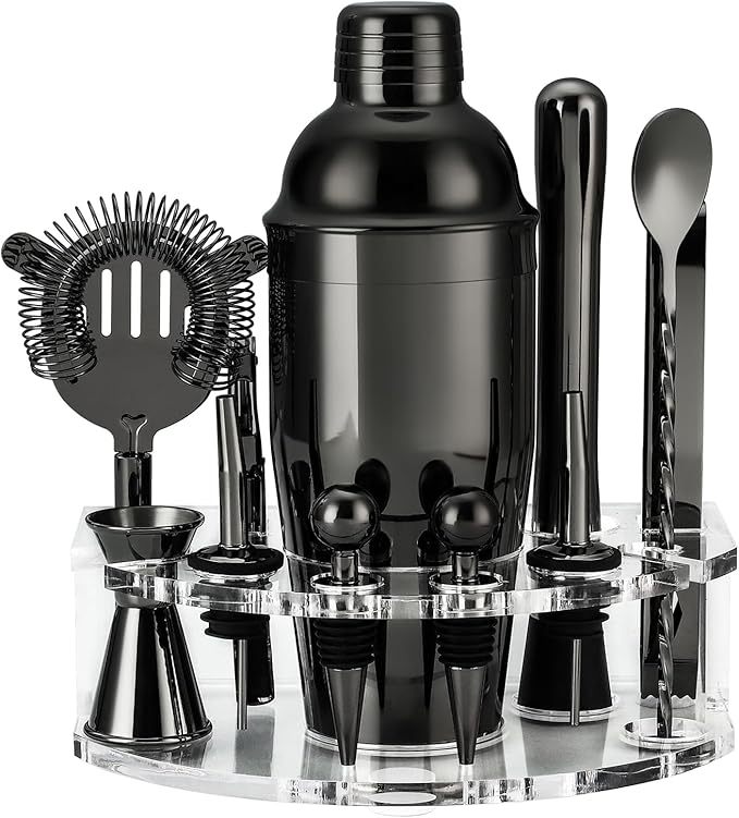 Bartender Kit Cocktail Shaker Set, Stainless Steel Cocktail Kit with 12 Piece Bar Accessories, 25oz Shaker Bar Set Drink Mixer Set with Stand Jigger Strainer Spoon Muddler for Cocktails (Black)