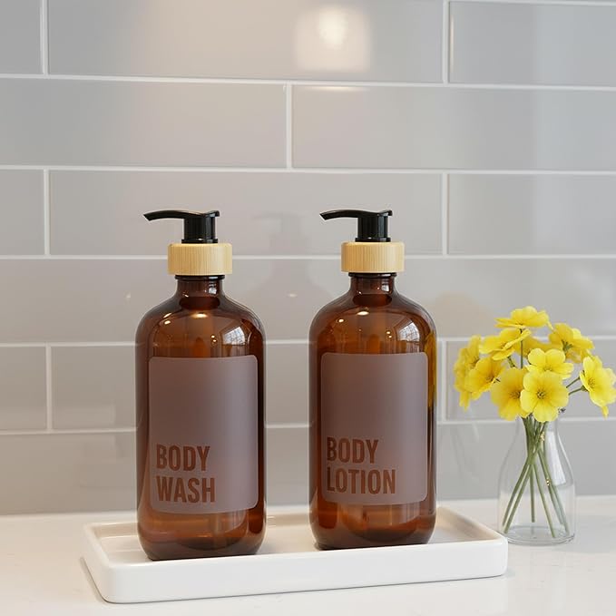 SAVVY & SORTED Amber Glass Body Lotion Dispenser with Pump, Soap Dispenser Bathroom Set, Refillable Glass Lotion Bottle with Label, Matching Soap and Lotion Dispenser Set Available, 17 Fl Oz / 500 ml
