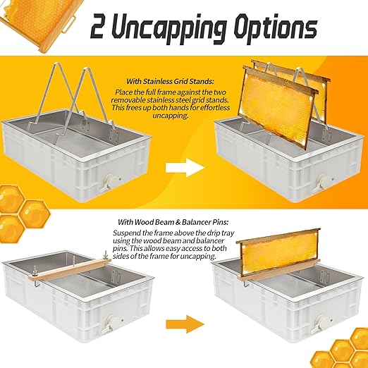 Honey Extractor Kit, Beehive Uncapping Station Food-Grade Stainless Steel PE Plastic Dual Uncapping Modes Fine Filter Anti-Spill with Wooden Strip for Home Small-Scale Commercial Apiaries