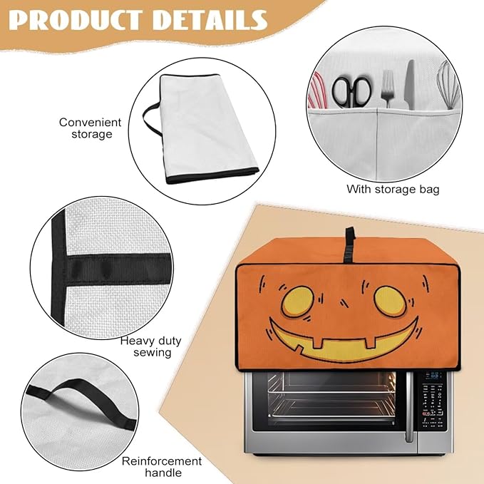 Air Fryer Toaster Oven Cover Fabric Convection Oven Cover with Pockets, Washable Small Appliance Dust Protection, L, Cartoon Pumpkin Face Pattern Halloween Decor
