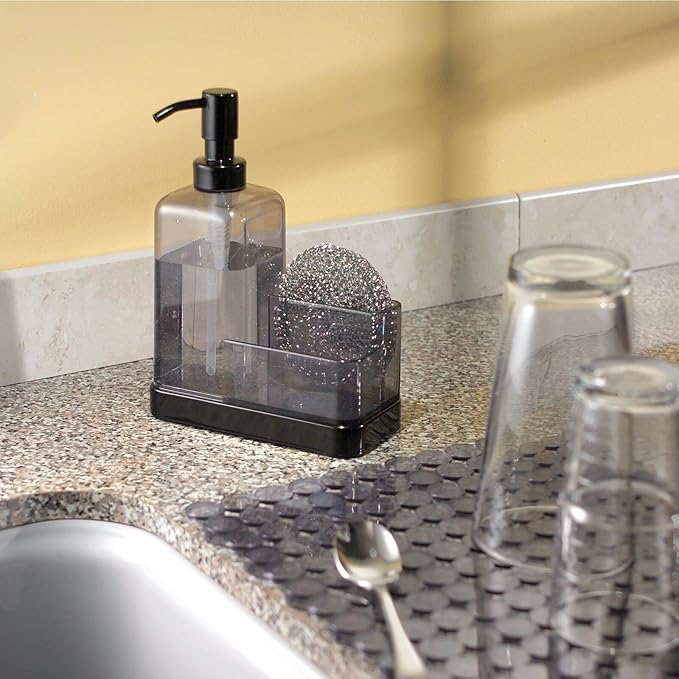 mDesign Soap Dispenser Pump with Sponge and Scrubber Organizer for Kitchen Countertops - Graphite/Matte Black