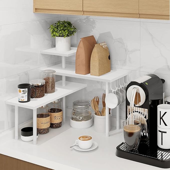 Homode Kitchen Countertop Organizer Corner Shelf, Bathroom Counter Organizers and Storage, 3 Tier Wood Shelf Organizer Space Saver for Make Up, Dresser Table, Desktop, White