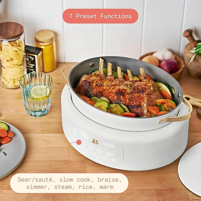 Beautiful 10-in-1, 6-Qt Electric Multi-Cooker | Programmable Touch Display | 7 Presets up to 400 °F | Sear Slow-Cook Steam Rice Warm | Oven-Safe Pot & Lid (White)
