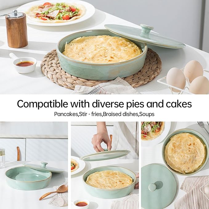 2 Pcs Tortilla Warmer, 9 inch Ceramic Tortilla Holder with Lids, Embossed Taco Holder Oven Microwave Safe, Green Pancakes Warmer for Taco, Pancakes, Waffles, Keep Tortillas Warm