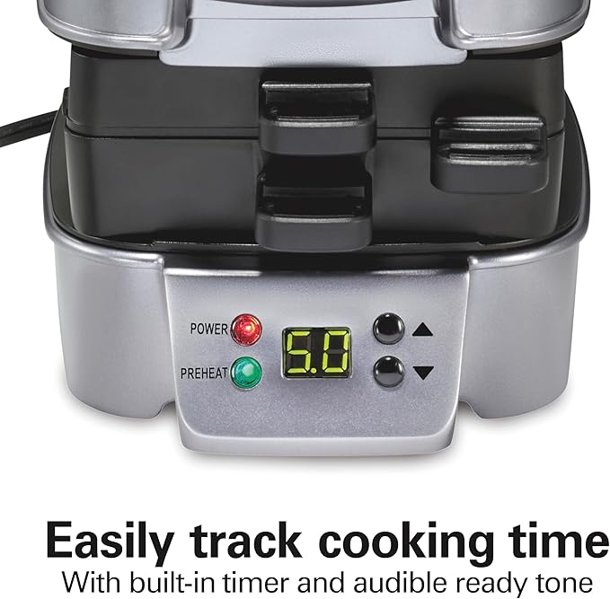 Hamilton Beach Sandwich Stacker Customizable Hot Sandwich Maker, 24 Sq. In. Non-Stick PFAS-Free Cooking Surfaces, Built-In Timer, Compact, Dishwasher-Safe, Perfect White Elephant Gifts, Silver (25471)