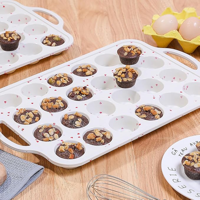 CAKETIME Mini Muffin Pan, Metal Reinforced Frame Mini Cupcake Pans 24 Cups Nonstick Muffin Silicone Molds with Handle for Baking Muffins, Cupcakes, Egg Bites 2 Pack Heart-Shaped