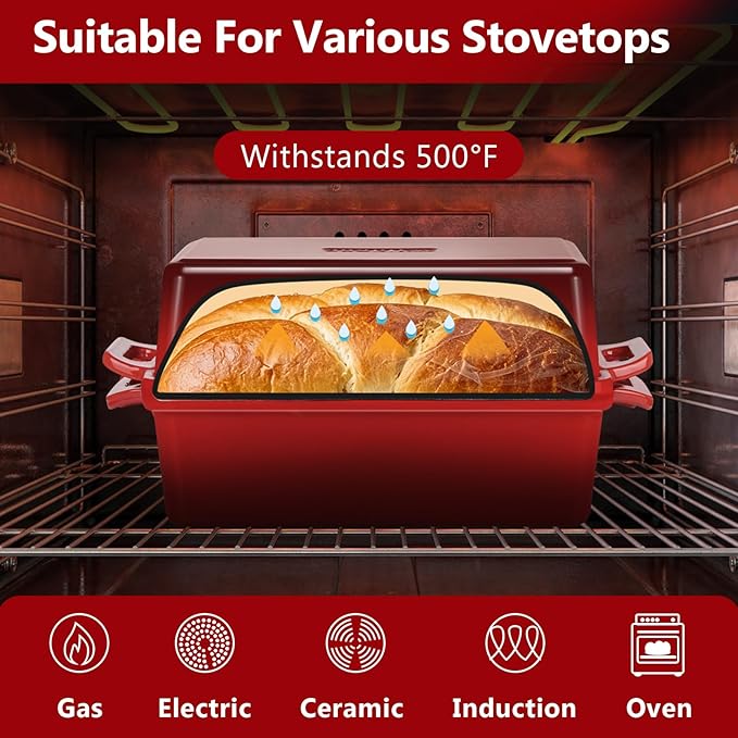 Wildone Enameled Cast Iron Bread Loaf Pan with Lid, 9x5 Sourdough Baking Pans for Homemade Bread, Cake, Meatloaf, Even Heating Bread Pans, 2-Piece Set, Red