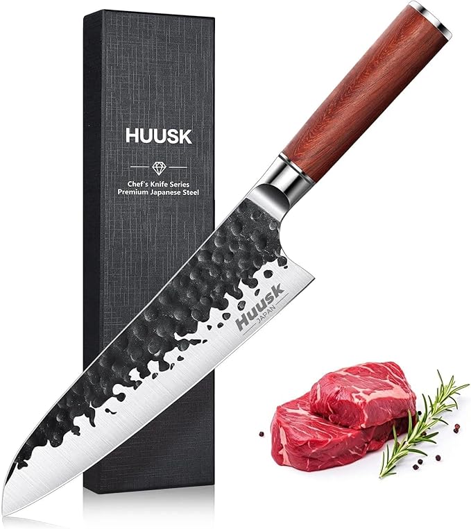 Huusk Japanese Chef Knife, 8 Inch Gyuto Knife with Hand Forged Carbon Steel Blade, Profesional Kitchen Chef Knives with Rosewood Handle, Razor Sharp Japanese Cooking Knives, Gifts Idea for Men & Women