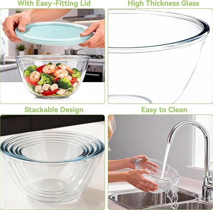 YUANYE 4 Pack Glass Mixing Bowls with Lids Set (3/1.7/0.9/0.6QT),Thick Glass Large Salad Bowl Set, Nesting Kitchen Bowls for Serving, Prepping, Cooking and Baking, Dishwasher, Oven,Microwave Safe