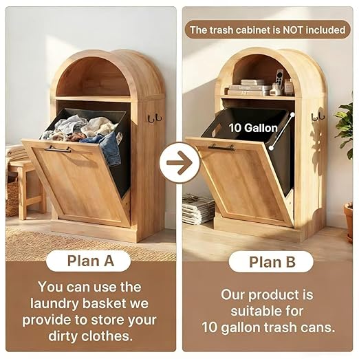 Arched Tilt-Out Trash Can Cabinet Set of 2,Laundry Hamper Cabinet with Foldable Laundry Basket,Wooden Hidden Garbage Can Cabinets with Metal Handle & Hooks,Natural